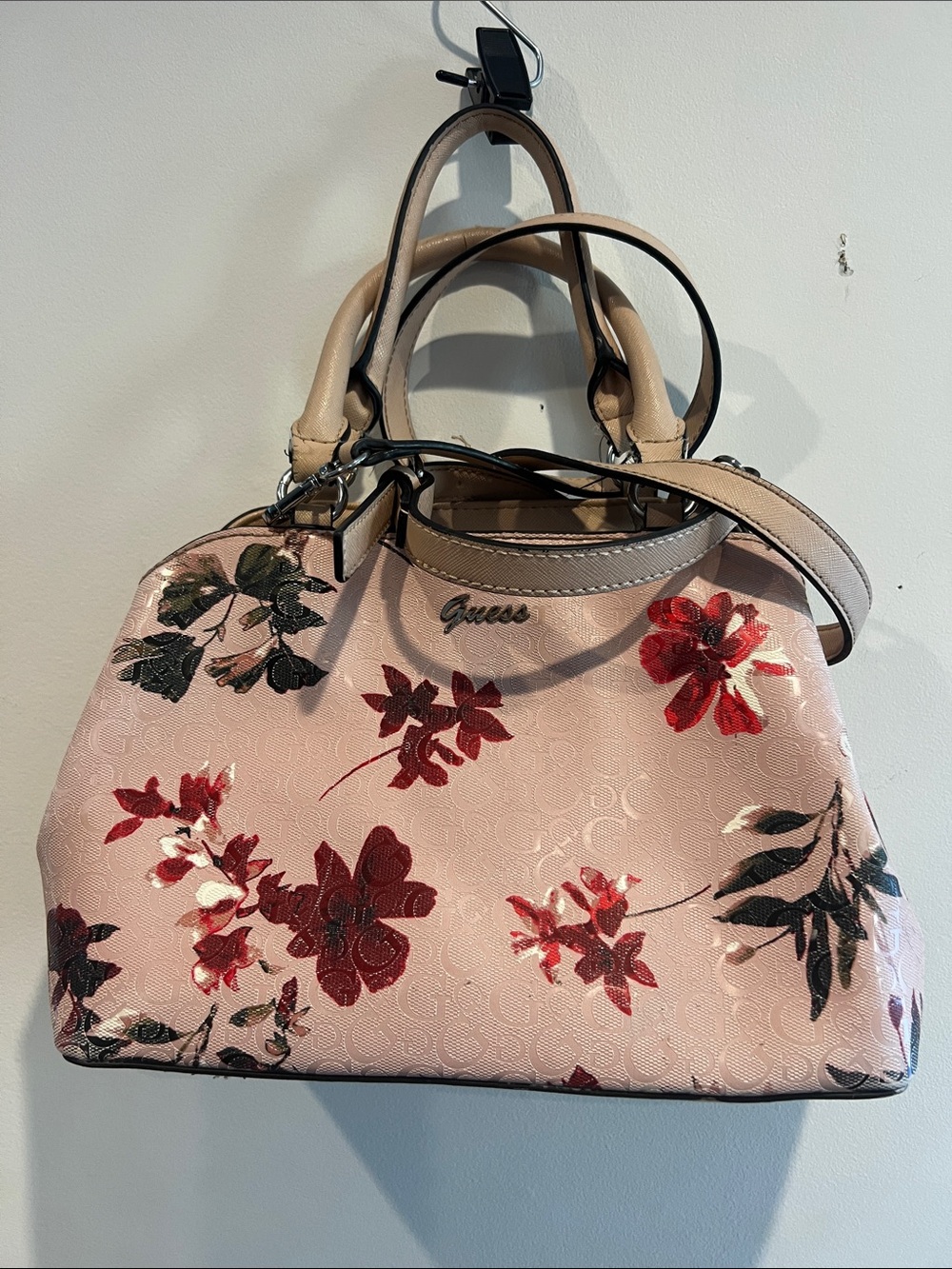 Beautiful Sunny GUESS Pink Floral Satchel with Tan Handles and Strap.